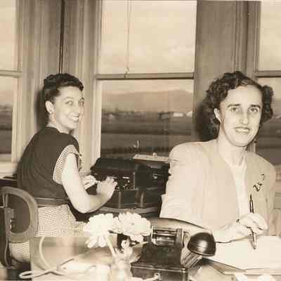 Photograph of Eleanor Buhler and Lucille Vitus in the office Springfield Union High School, Oregon, 1947/1949