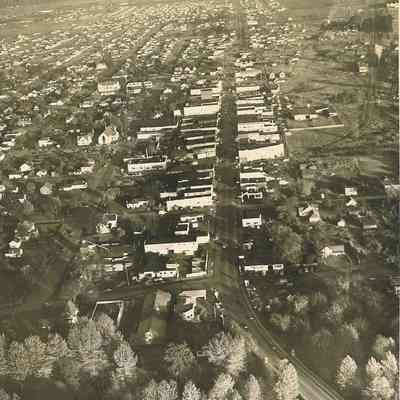 Photograph of aerial view from over bridge looking east along Main Street, Springfield, Oregon, 1948.