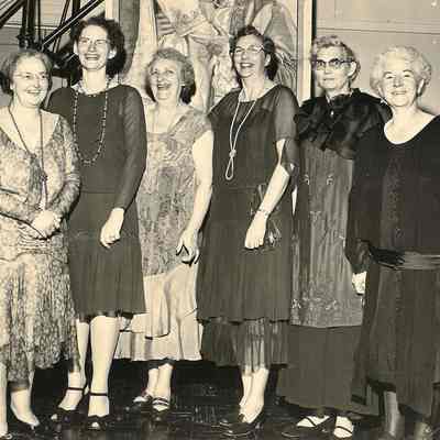 Photograph of six teachers in flapper dresses for School District Centennial, Springfield, Oregon, 1954.