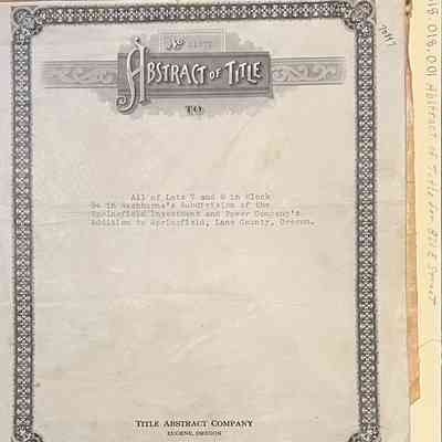 Abstract of Title Nr. 31670, Lot 7 and 8, Block 84, Washburne's Subdivision, Springfield, 1866-1945