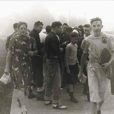 Photograph of a large group of unidentified boys during Springfield high school class of 1953 initiation, Springfield, Oregon, circa 1948-1953