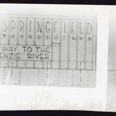 Photograph of drawing of sign, "Springfield Founded 1884, Gateway to the McKenzie River", undated