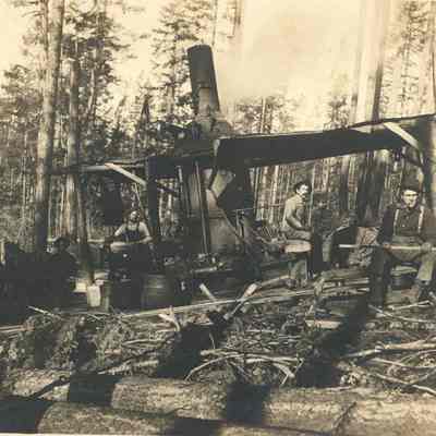 Photograph of five unidentified men with a donkey loader at Little Fall Creek, Fall Creek, Oregon