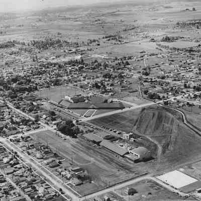 Photograph of aerial view of Springfield High and Junior High, Springfield, Oregon, date unknown.