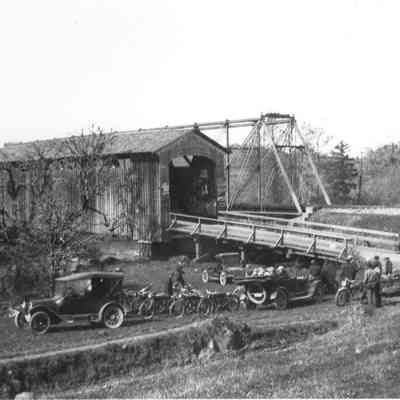 Photograph of Hayden Covered Bridge and the South Pacific Bridge over the McKenzie River, Oregon, circa 1900-1935