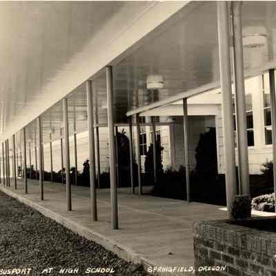 Photograph of walkway at Springfield High School, Springfield, Oregon, 1942