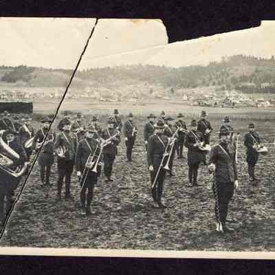 Photograph of University of Oregon Marching Band on Hayward Field, undated