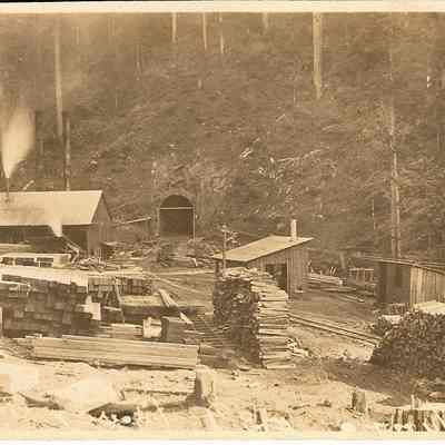 Photograph postcard of tunnel & power house, Eula, Oregon, 1916