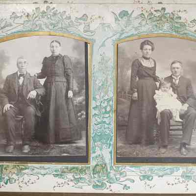 2014-002-280_img-002: Page 1 of photograph album 2014-002-280. Left: 5 x 4, Photograph of a man and woman, Montgomery Studio, Minnesota (From old description). 
Right: 5 x 4, Photograph of a family.