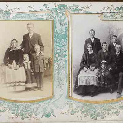 2014-002-280_img-004: Page 3 of photograph album 2014-002-280: Left: 6.5 x 4, Photograph of cousin “Mary Hanek”, husband and two children; Inscription front: “Cousin Mary Hanek”, “B.V. Liska”, “J. Hradec Neuhaus”, Inscription back: Decorative studio mark “Boh. V. Liska, Jindr. Hradec, Neuhaus, Stribrna Statni Med., Silberne Staatsmed., Praci a Zasluce”. 
Right: 6.5 x 4, Photograph of aunt “Hajne”, husband and four children; Inscription front: “Kocipinsky, Trebon-Wittingau; Inscription back: Decorative studio mark “Atelier B.J. Kocipinski, Trebon Ruzova Ulice Cis. 29, Wittingau Rosengasse No. 29”, “Lith. K. Krziwaner Wien”.