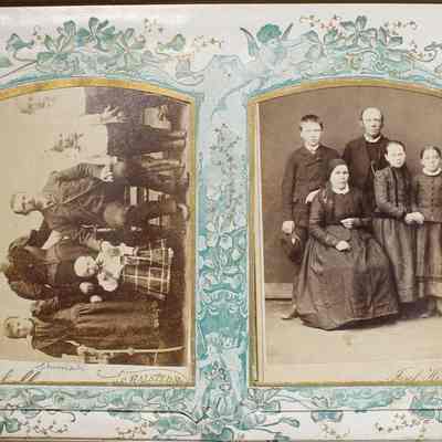 2014-002-280_img-005: Page 4 of photograph album 2014-002-280: Left: 6.5 x 4, Photograph of Shimak family, circa 1880; Inscription front: “Shimak”, “Scholl, 547 S. Halsted St. Chicago”, Inscription back: Decorative studio mark “J. B. Scholl, Artist Photographer, Studio 547 South Halsted St. Chicago (Paris 1880 [...])”. 
Right: 6.5 x 4, Photograph of a family; Inscription front: “Josef Heidlm (Heidler); Inscription back: Decorative studio mark “Josef Heidlm (Heidler), Aus Prag, z Prahy, Bernhard Wachtfl Wien”.