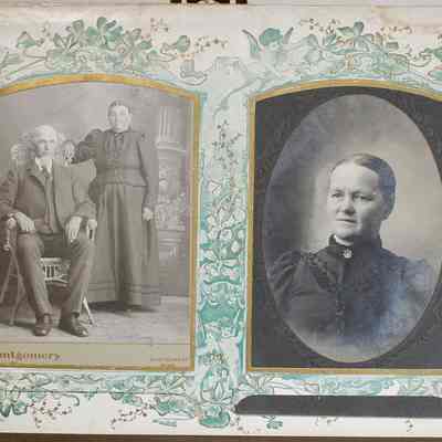 2014-002-280_img-006: Page 5 of photograph album 2014-002-280: Left: 6.5 x 4.25, Photograph of Novotny family, circa 1880; Inscription front: “Novotny”, “Montgomery Studio, Montgomery Minn.”.
Right: 7 x 4.5, Portrait of a woman.