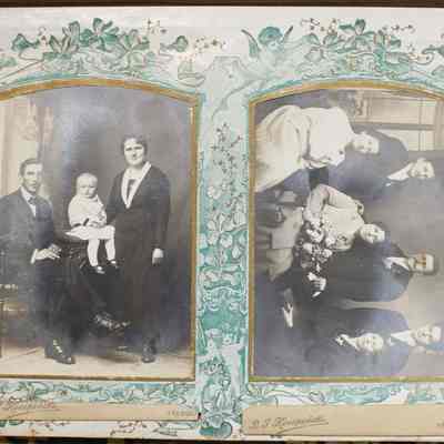 2014-002-280_img-007: Page 6 of photograph album 2014-002-280: Left: 6.5 x 4, Photograph of a family, circa 1920; Inscription front: “B.J. Kocipinski, Trebon”, Inscription back: Decorative studio mark “Umel. Fot. Atelier B.J. Kocipinski, Trebon, za branou Hradeckou c. 25 [...], “25722”.
Right: 6.5 x 4, Photograph of three couples, wedding occasion, 1922; Inscription front: “Svatbu meli 5 listopachu 1922, Nastupce tatinka!”, Inscription back: Decorative studio mark “Umel. Fot. Atelier B.J. Kocipinski, Trebon, za branou Hradeckou c. 25 [...], “27359”.