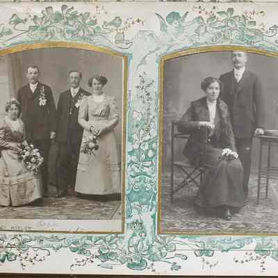 2014-002-280_img-008: Page 7 of photograph album 2014-002-280: Left: 6.5 x 4, Photograph of two couples, circa 1900; Inscription front: “Lexa or Lepa”, “B.J. Kocipinski, Trebon”.
Right: 6.5 x 4, Photograph of a couple, circa 1900; Inscription front: "Atelier Kahler Slany.”; Inscription back: Decorative studio mark “Eduard Kahler Fotograf Atelier ve Slanem Namesti c.142 [...]”.