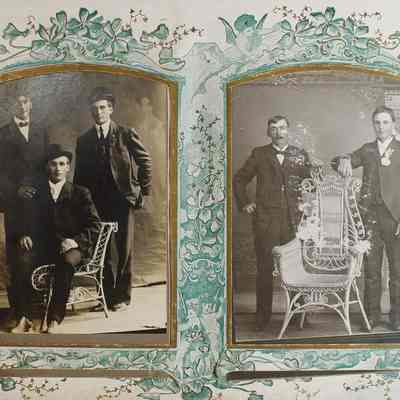 2014-002-280_img-009: Page 8 of photograph album 2014-002-280: Left: 6.5 x 4, Photograph of three men, circa 1900; Inscription front: “Haber, Northfield, Minnesota”.
Right: 6.5 x 4, Photograph of two men, one “John H.”, circa 1900; Inscription front: "New Prague Minnesota, J. F. Barta’s Studio.”