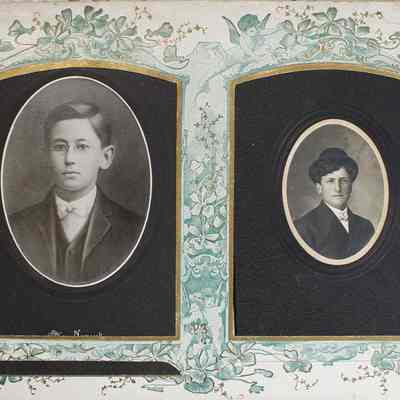 2014-002-280_img-010: Page 9 of photograph album 2014-002-280:  Left: 6.5 x 4, Portrait of Joe Salek, circa 1910; Inscription front: “J. Salek", "Nemecek, 602 W 18th St Chicago”.
Right: 6.5 x 4, Photograph of a man, circa 1910.