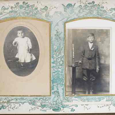 2014-002-280_img-012: Page 11 of photograph album 2014-002-280: Left: 6.5 x 4, Photograph of a young child Stella?, circa 1910; 
Right: 5.5 x 3.5, Photograph of Ben Novotny, circa 1910 (postcard); Inscription back: "Ben Novotny”.