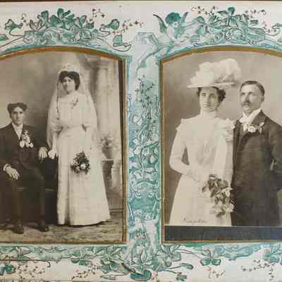 2014-002-280_img-013: Page 12 of photograph album 2014-002-280: Left: 6.5 x 4, Wedding photograph of the Kuchynka couple, circa 1900; Inscription front: “Kuchynka".
Right: 6.5 x 4, Photograph of the Kupka couple, circa 1900; Inscription front: "Kupka”.