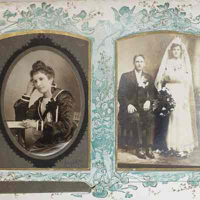 2014-002-280_img-014: Page 13 of photograph album 2014-002-280: Left: 6.5 x 4, Photograph of Mrs. J. P. Kupka lady, circa 1900; Inscription front: “Kupka”, Inscription back: Mr. J. P. Kupka”, Condition note: Tear in the photograph.
Right: 6.5 x 4, Wedding photograph of the Turek couple, circa 1900; Inscription front: "Turek”.