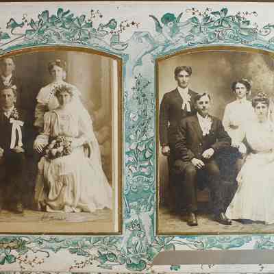 2014-002-280_img-015: Page 14 of photograph album 2014-002-280: Left: 6.5 x 4, Wedding photograph of two couples “Hanek”, circa 1900; Inscription front: “Hanek”.
Right: 6.5 x 4, Wedding photograph of two couples “J. Hanek”, circa 1900; Inscription front: " J. Hanek”, Condition note: Silvering.