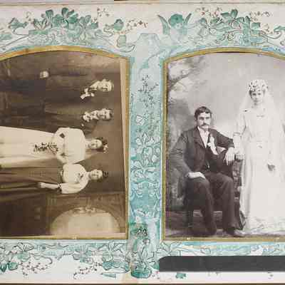 2014-002-280_img-016: Page 15 of photograph album 2014-002-280: Left: 6.5 x 4, Wedding photograph of two couples “Burns”, circa 1900; Inscription front: “Burns (or Burno)”.
Right: 6.5 x 4, Wedding photograph of the “J. Novotny” couple, circa 1900; Inscription front: "J. Novotny”.