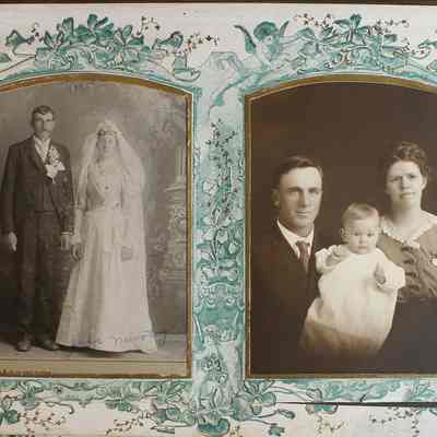 2014-002-280_img-017: Page 16 of photograph album 2014-002-280: Left: 6.5 x 4, Wedding photograph of John Novotny and wife, circa 1900; Inscription front: “John Novotny”.
Right: 6.5 x 4, Photograph of the “J. Hanek” family, circa 1900; Inscription front: "J. Hanek”.