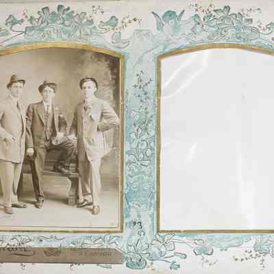 2014-002-280_img-019: Page 19 of photograph album 2014-002-280: Left: 6.5 x 4, Photograph of three men, one named “Hajna”, circa 1910; Inscription front: “Hajna", "Wilke 391-393 Blue Island Ave Chicago”.
Right: empty