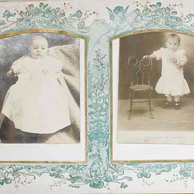 2014-002-280_img-020: Page 21 of photograph album 2014-002-280: Left: 5.5 x 3.5, Photograph postcard of baby Chester Ernest Hanek; Inscription front: “Chester Ernest Hanek, 3 months, 9 days””, Condition note: Silvering.
Right: 5.5 x 3.5, Photograph postcard of a young child ‘Stella’; Inscription front: “Age 2 years”.