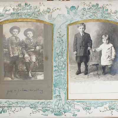 2014-002-280_img-021: Page 23 of photograph album 2014-002-280: Left: 6.5 x 4, Photograph of boys Joe and John Novotny; Inscription front: “Joe and John Novotny”.
Right: 5.5 x 3.5, Photograph of boys Emil and John Hanek; Inscription front: “Emil and John Hanek”.