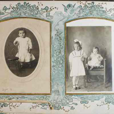 2014-002-280_img-022: Page 24 of photograph album 2014-002-280: Right: 6.5 x 4, Photograph postcard of a young child ‘Stella’; Inscription front: “Age 2 years”, back: “Stella”.
Left: 5.5 x 3.5, Photograph postcard of two children, age 5 and 1; Inscription front: “age 5 and 1”.