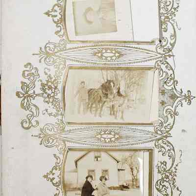 2014-002-280_img-023: Page 25 of photograph album 2014-002-280: Left: 2 x 3, Photograph of two women in front of a house’, circa 1920.
Center: 2 x 3, Photograph of a man, horse-drawn wagon and house, Condition note: Faded.
Right: 2.5 x 2.5, Portrait of a man, Condition note: Faded.