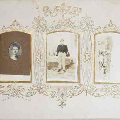 2014-002-280_img-025: Page 27 of photograph album 2014-002-280: Left: 3 x 2, Portrait of an unknown woman.
Center: 3 x 2, Photograph of an unknown man; Condition note: Faded. 
Right: 2 x3, Photograph of two men and a horse drawn mower, Condition note: Faded.