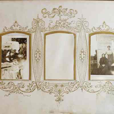 2014-002-280_img-026: Page 28 of photograph album 2014-002-280: Left: 2 x 3, Photograph of a grandmother and two boys, barn in the background. 
Center: empty 
Right: 3 x 2, Photograph of two women in front of a house, Condition note: Faded.