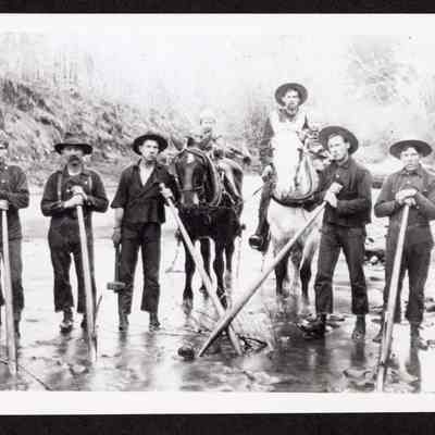 Photograph of logging crew on stream, Mohawk, Oregon, circa 1907