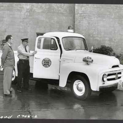 Photograph, Two Men and Springfield Fire Truck, 1953
