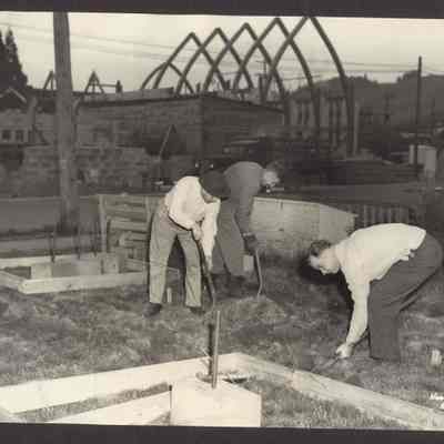 Photograph of construction of Christian Church in background, 4th and North A St. Date unknown.