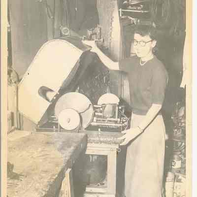 Student using machinery, Union High School, 1940s.