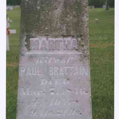 Photograph of Martha Brattain's headstone, Spencer Cemetry, Stockport, Iowa, undated