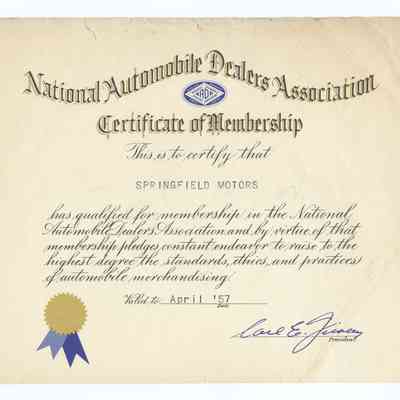 National Automobile Dealers Association Certificates of Membership, Springfield Motors, 1957-1968