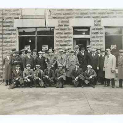 Photograph of people at Otto Scherer's Buick building, Palmyra, Wisconsin, circa 1900