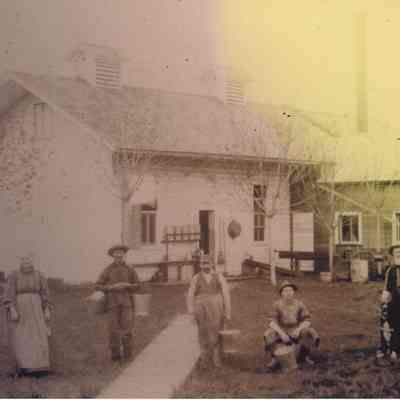 Photograph of Douglas Farm with Five People and Dog, circa 1880-1910