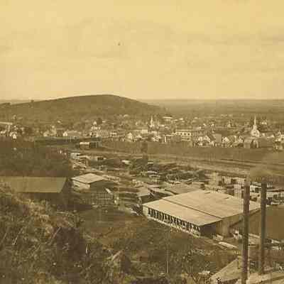 Photograph of an overview from south hills looking down on lumber mill, Springfield, Oregon, date unknown.