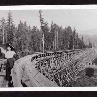 Photograph of unknown women next to a lumber flume, Lane Country, Oregon, circa 1908