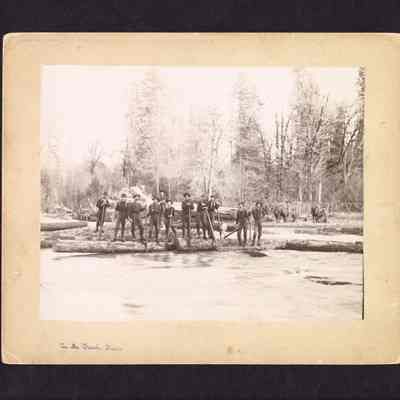 Photograph of loggers on Logs, Hills Creek, Oregon, circa 1890-1910