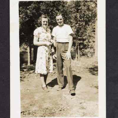 Photograph of Ken and Barbara Leighton (?), at a river, circa 1937