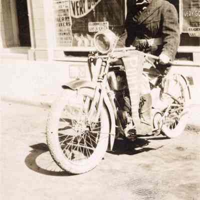 Photograph of motorcyclist Bill Davis in Eugene, Oregon, circa 1920-1925