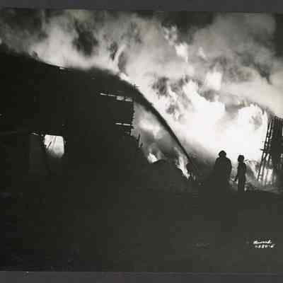 Photograph of a factory fire, Winlock Handle Company, Springfield, Oregon, 1950