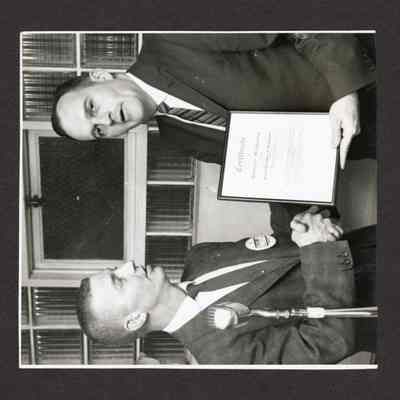 Photograph of Two Men at the Chamber of Commerce, Springfield, Oregon, undated