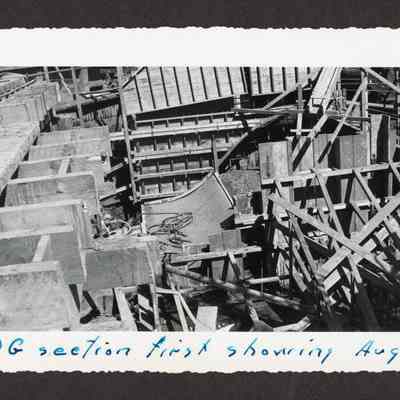 Photograph of the construction of the new dam at Booth-Kelly Lumber Mill