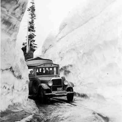 Photograph of a 'Eugene' bus on the McKenzie Pass, undated
